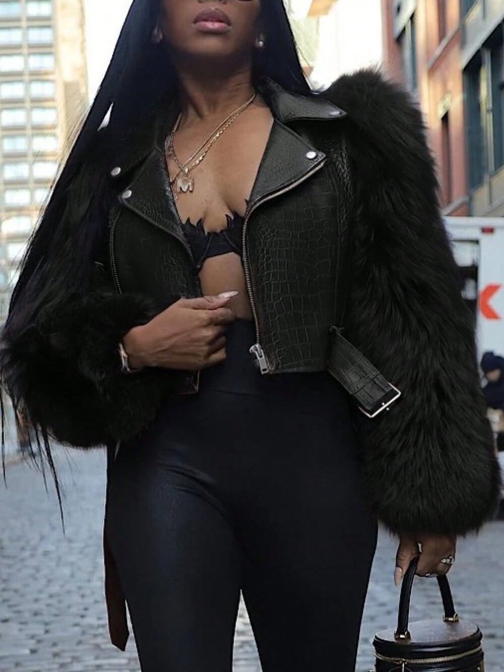 Black Casual Women's Patchwork Faux Fur Jacket - Picture 2 of 6